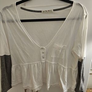 We The Free White and Gray V-Neck Blouse